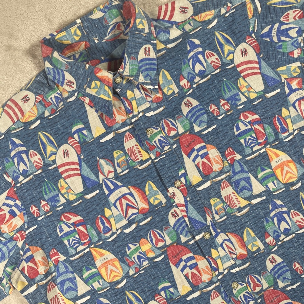 Reyn Spooner Shirt Sailboat Print Mens Medium Blue Short Sleeve Button Down